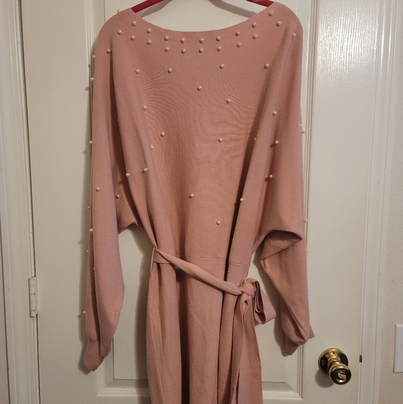 slim fit dress slacks Bianca Long Sleeve Faux Pearl Beaded Mini Dress